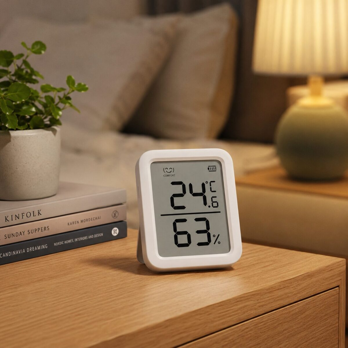 SwitchBot Meter Plus temperature humidity monitor on bedroom nightstand