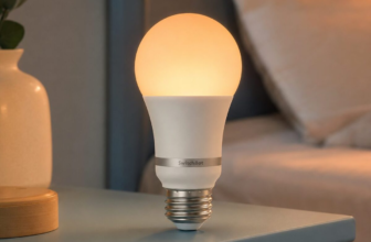 SwitchBot Smart Color LED Bulb on bedside table glowing warm amber for sleep