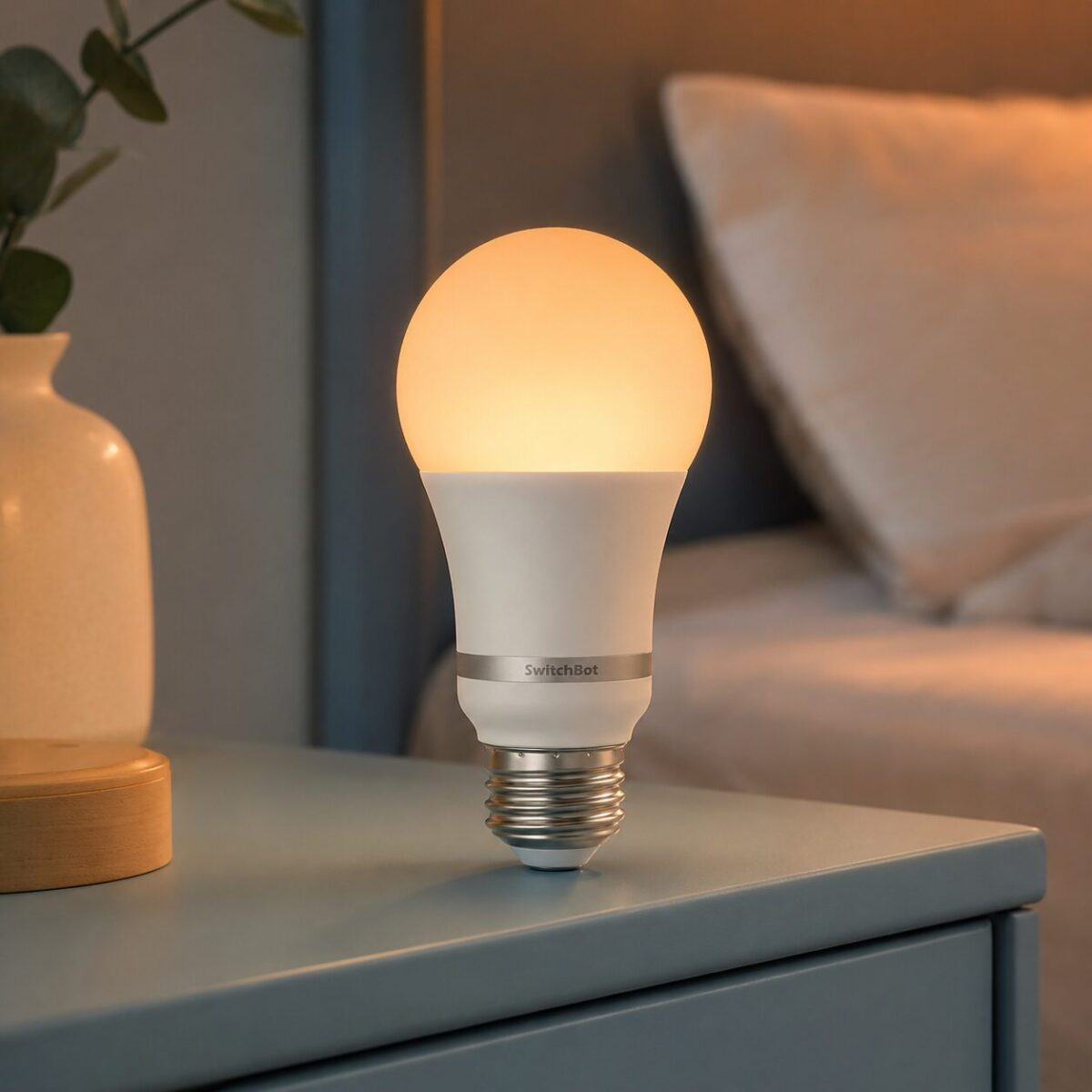 SwitchBot Smart Color LED Bulb on bedside table glowing warm amber for sleep