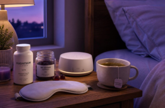 Cozy nightstand at twilight with magnesium supplement, sleep mask, melatonin, white noise machine, and herbal tea