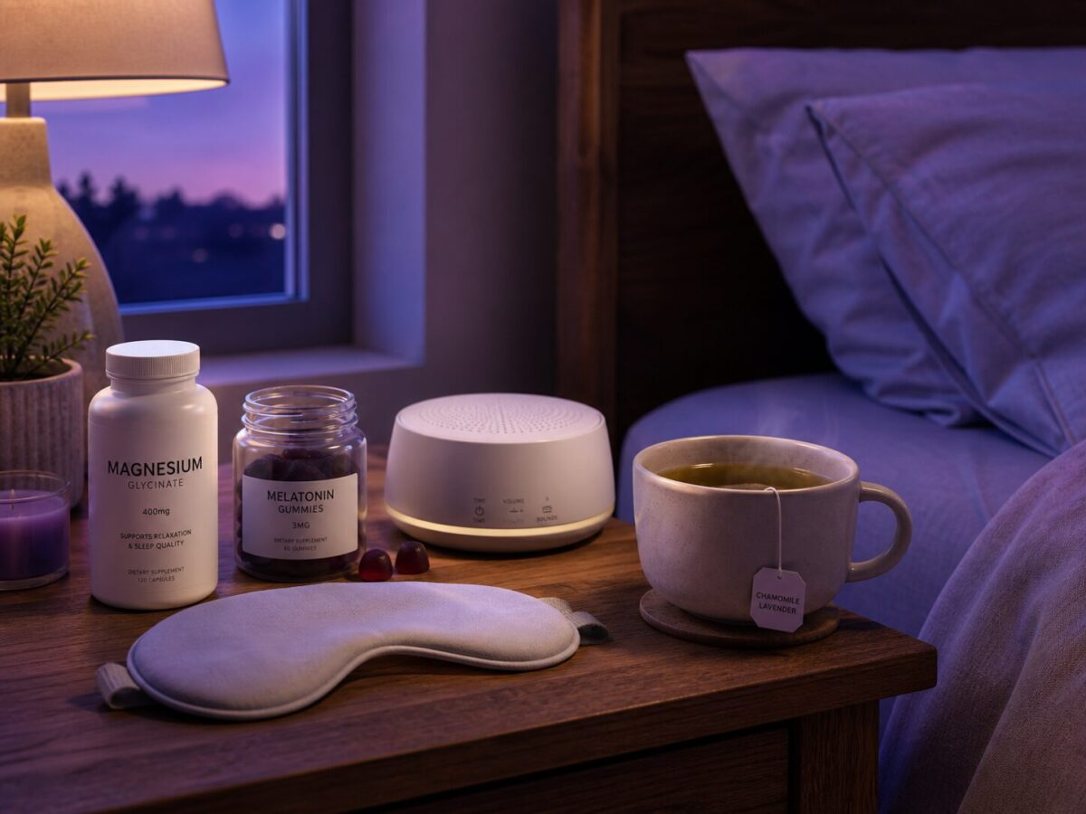 Cozy nightstand at twilight with magnesium supplement, sleep mask, melatonin, white noise machine, and herbal tea