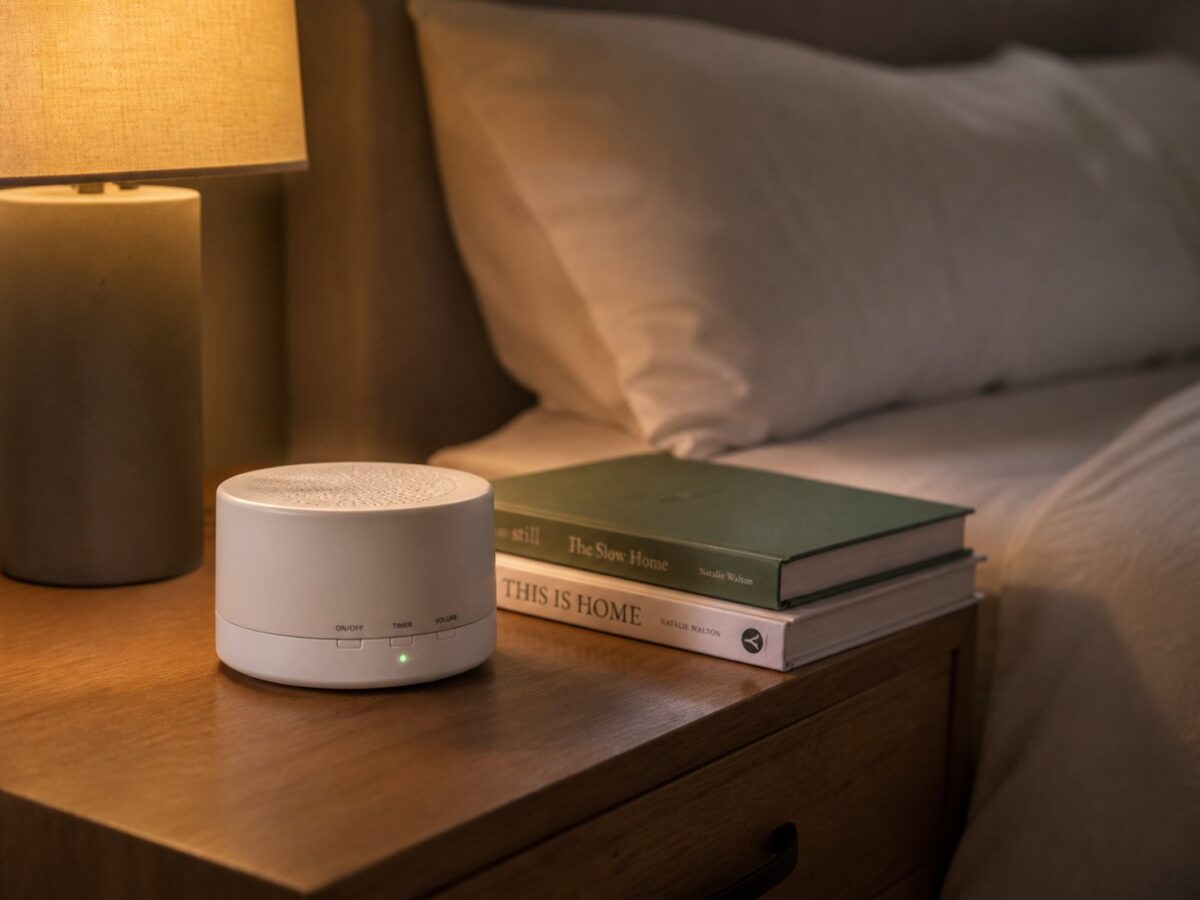 White noise machine on a bedroom nightstand with reading lamp and books