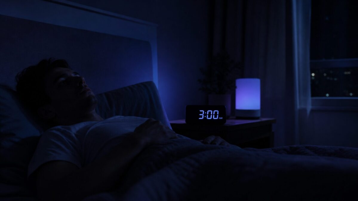Dim bedroom at 3am with clock on nightstand and person lying awake in bed in soft purple-blue night light