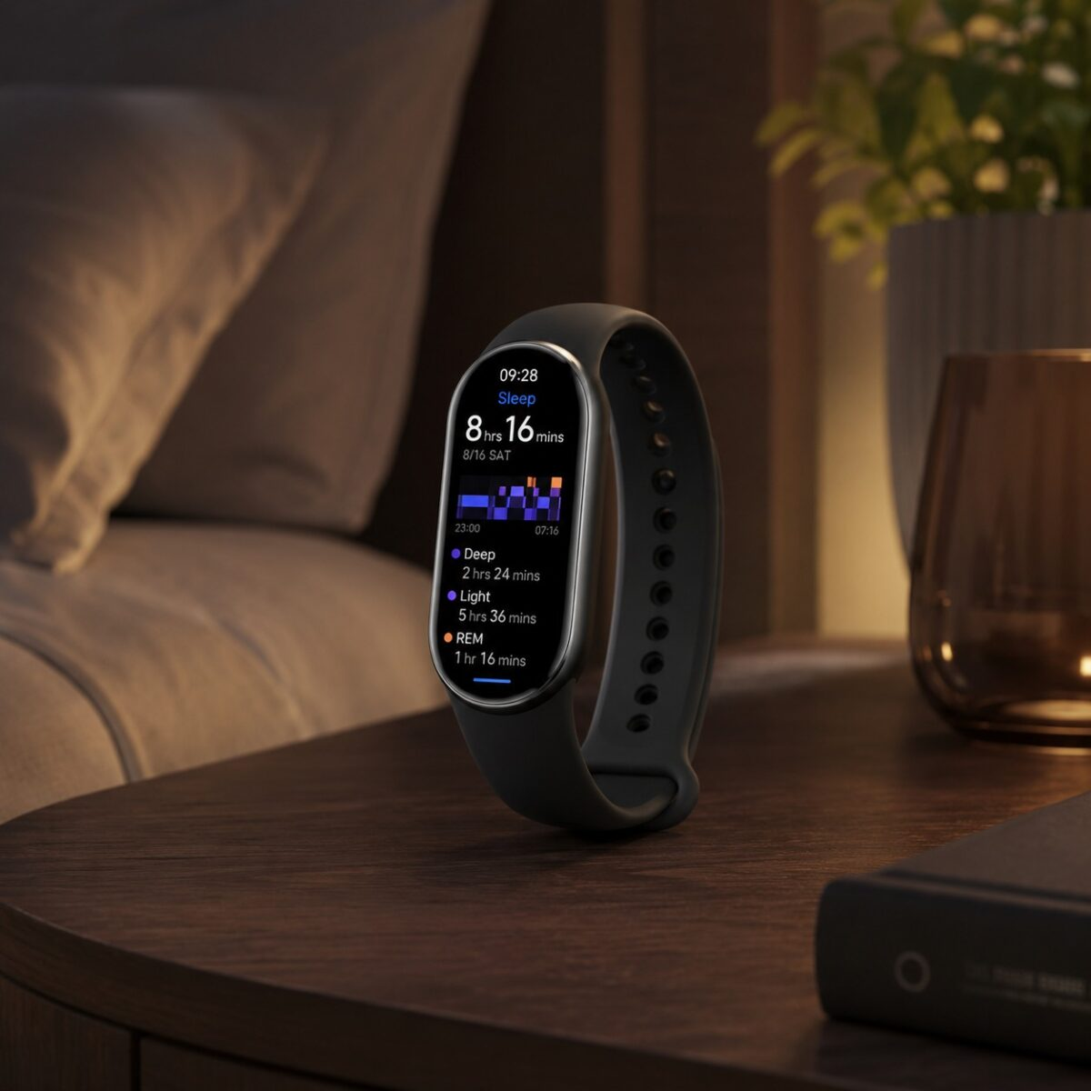 Xiaomi Mi Smart Band 10 fitness tracker on wooden nightstand displaying sleep stages