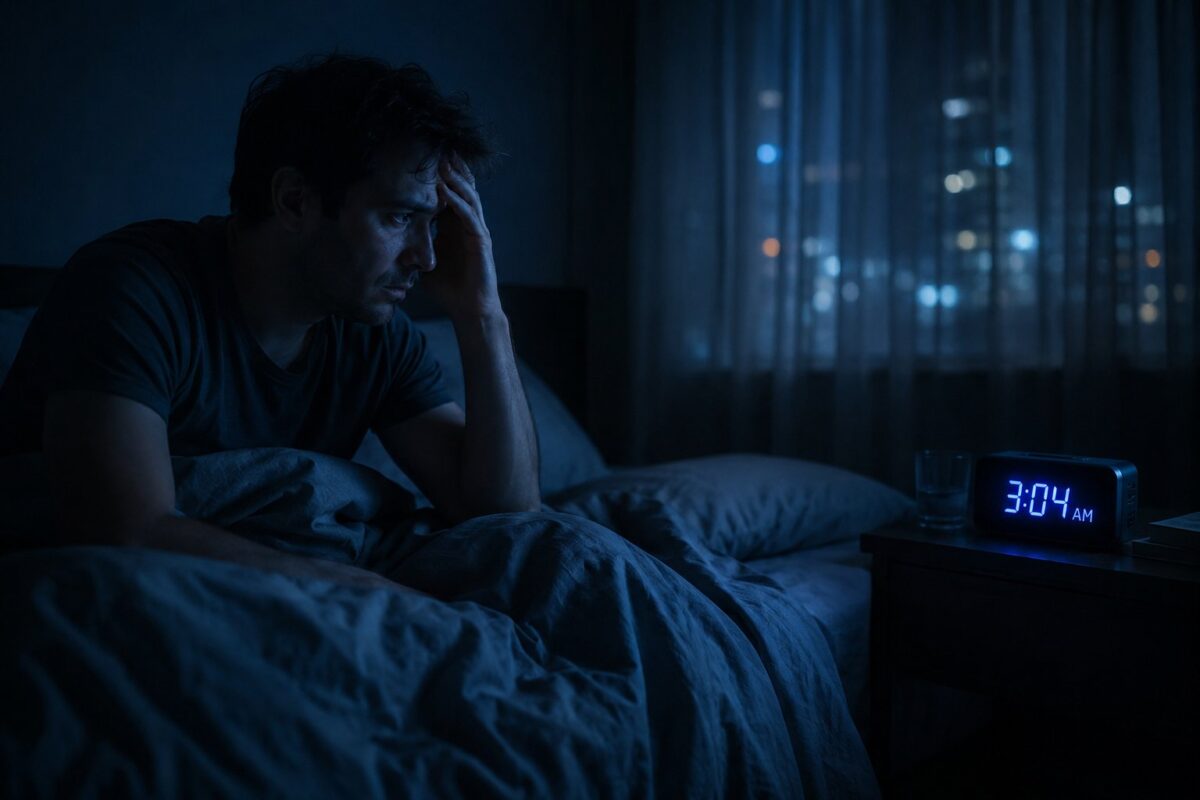 Person sitting up in bed at night next to a glowing alarm clock showing just after 3am