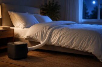 BedJet 3 bed cooling unit on the floor with an air hose under the duvet in a dark bedroom
