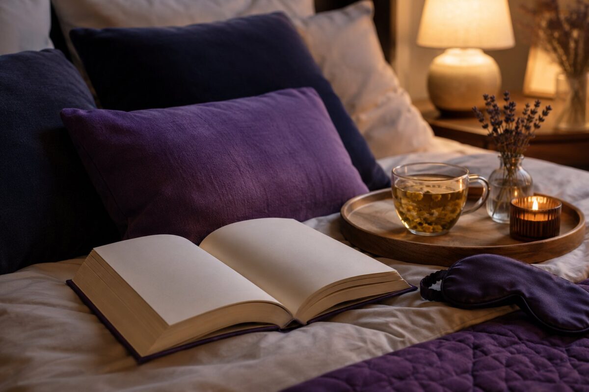 Open book face down on a bed next to a sleep mask and herbal tea in warm lamp light