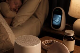Nightstand with white noise machine sleep mask and magnesium for new parents
