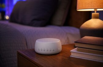 White sound machine on a wooden nightstand next to books and a warm lamp in a dim bedroom