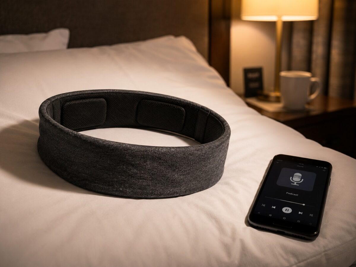 Flat sleep headphone headband on a hotel pillow