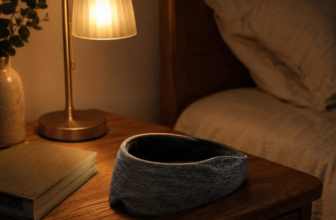Fabric headband sleep headphones on a nightstand with a warm lamp and book