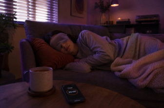 Person napping on a couch wearing a sleep mask with a phone timer and coffee on the table