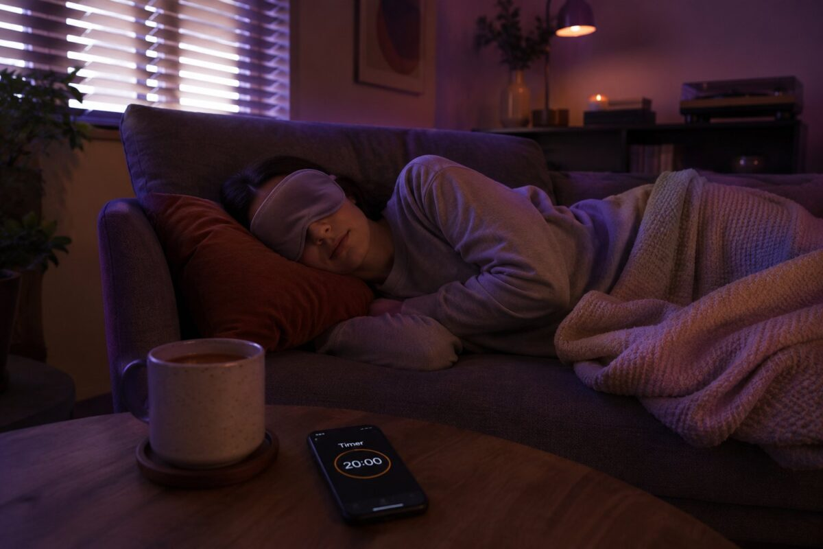 Person napping on a couch wearing a sleep mask with a phone timer and coffee on the table
