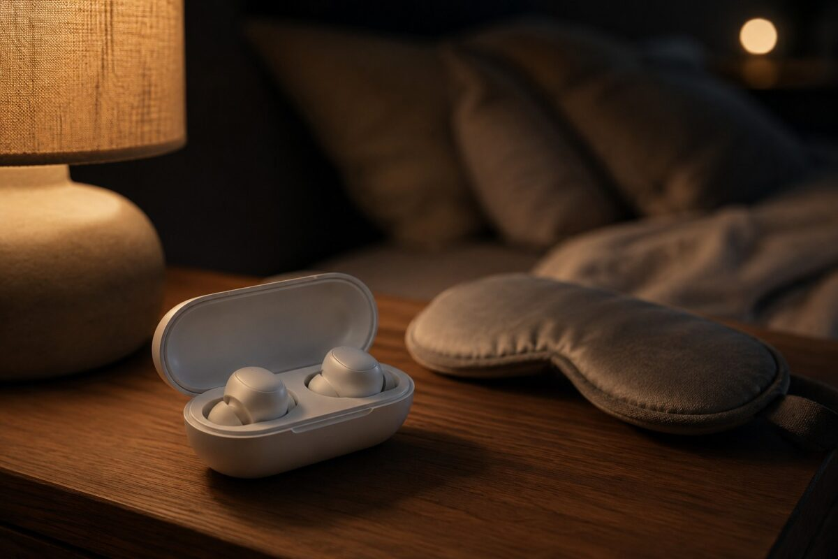 Ozlo Sleepbuds in a charging case on a nightstand with a sleep mask and lamp