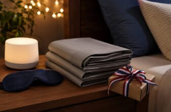July 4th sleep gifts on a nightstand with eye mask and gift box