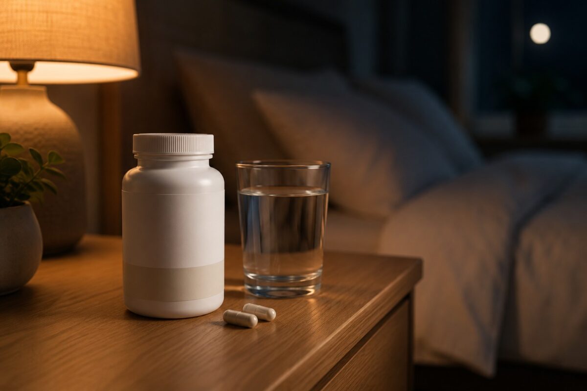 Magnesium supplement bottle on a nightstand with a glass of water