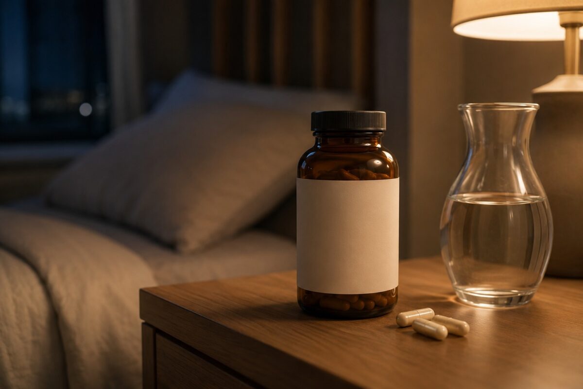 Magnesium glycinate supplement bottle on a nightstand with capsules