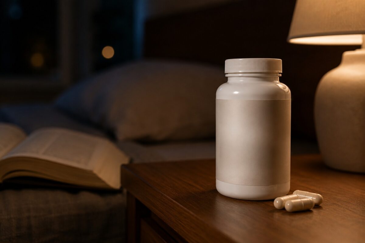 Magnesium supplement bottle beside an open book on a nightstand