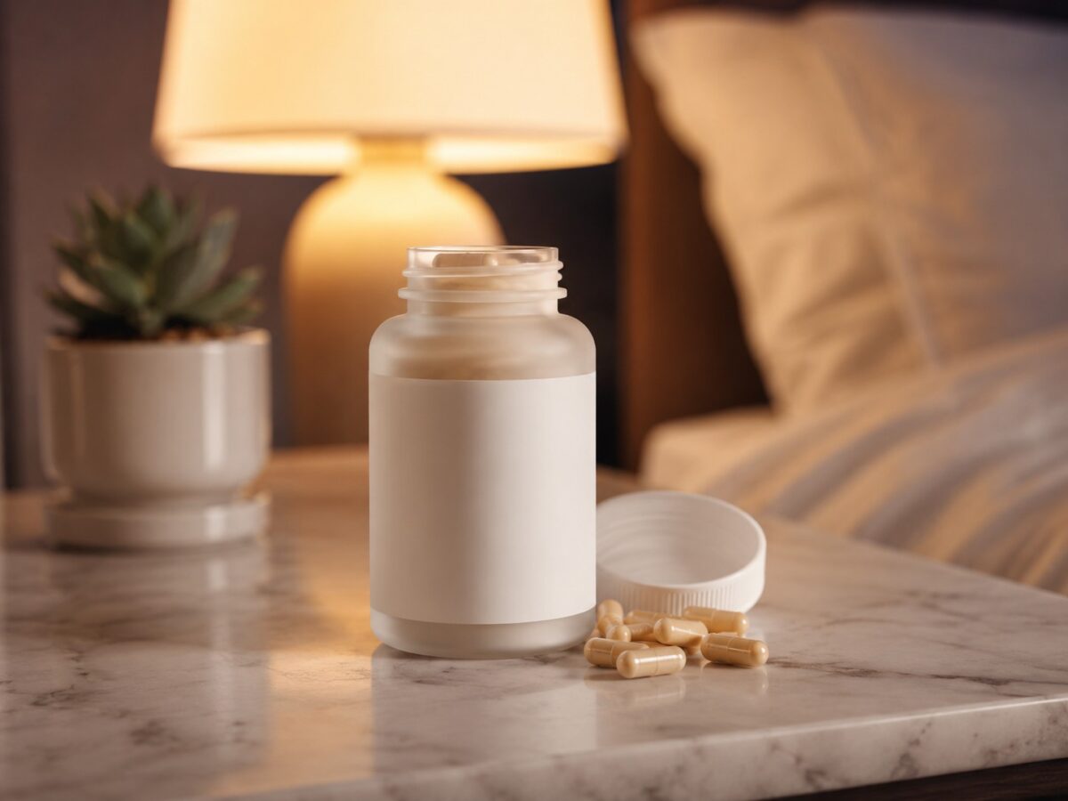 Magnesium supplement bottle with capsules on a nightstand