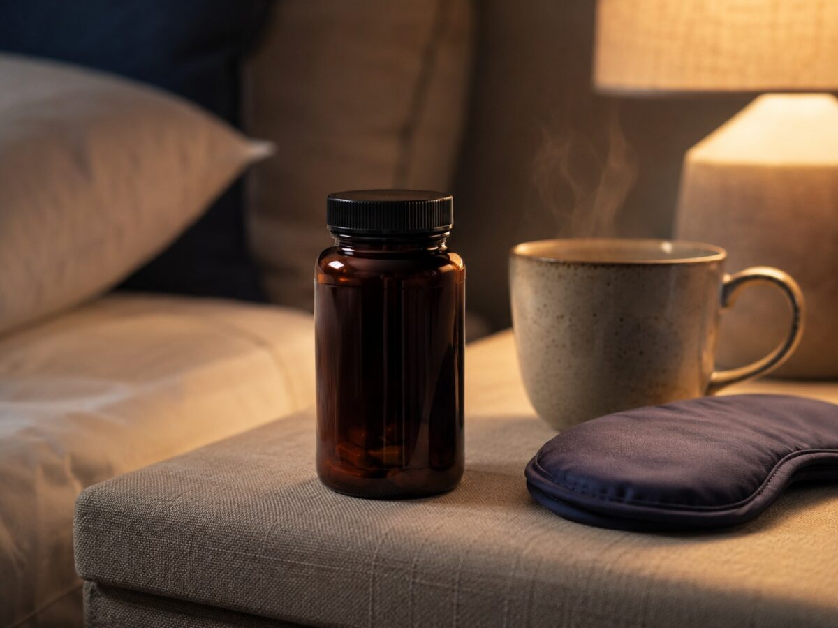 Magnesium supplement bottle with tea on a nightstand