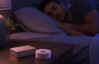 Nasal strips box and sleep mouth tape on a nightstand in a dark bedroom