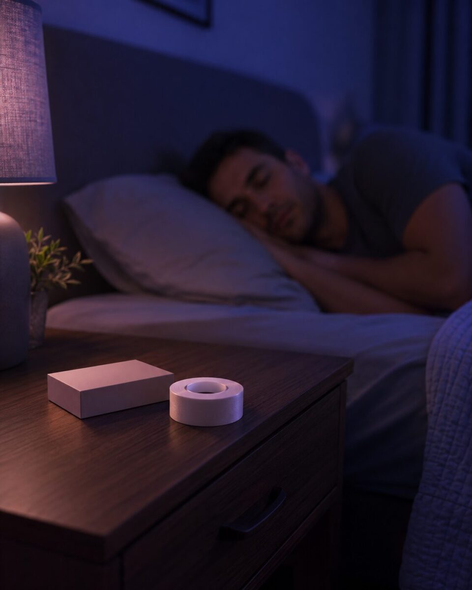 Nasal strips box and sleep mouth tape on a nightstand in a dark bedroom