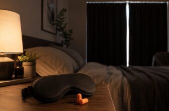 Sleep mask and earplugs on a nightstand with blackout curtains drawn