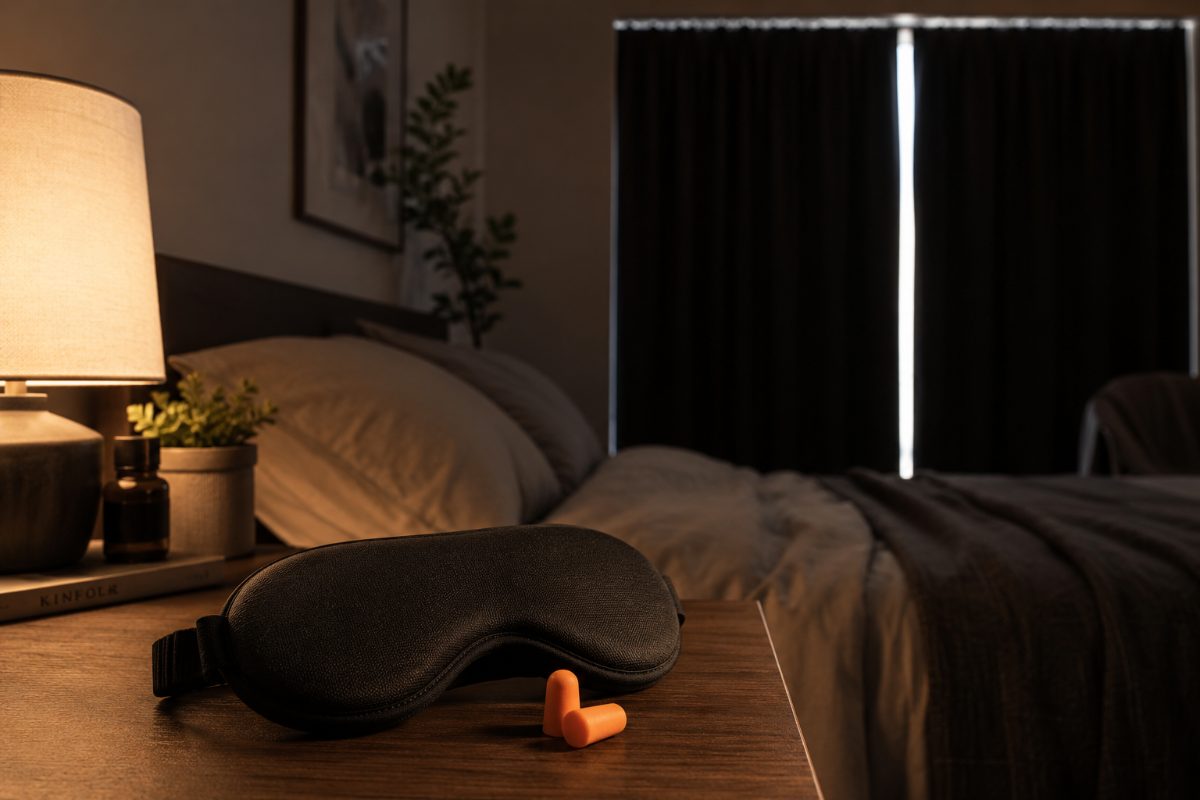 Sleep mask and earplugs on a nightstand with blackout curtains drawn