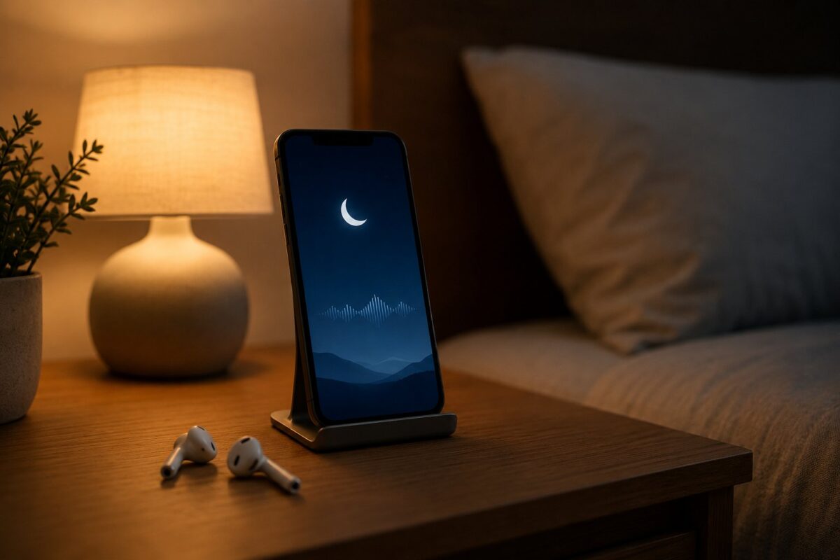 Phone on a nightstand stand playing a sleep app with earbuds beside it in a dim bedroom