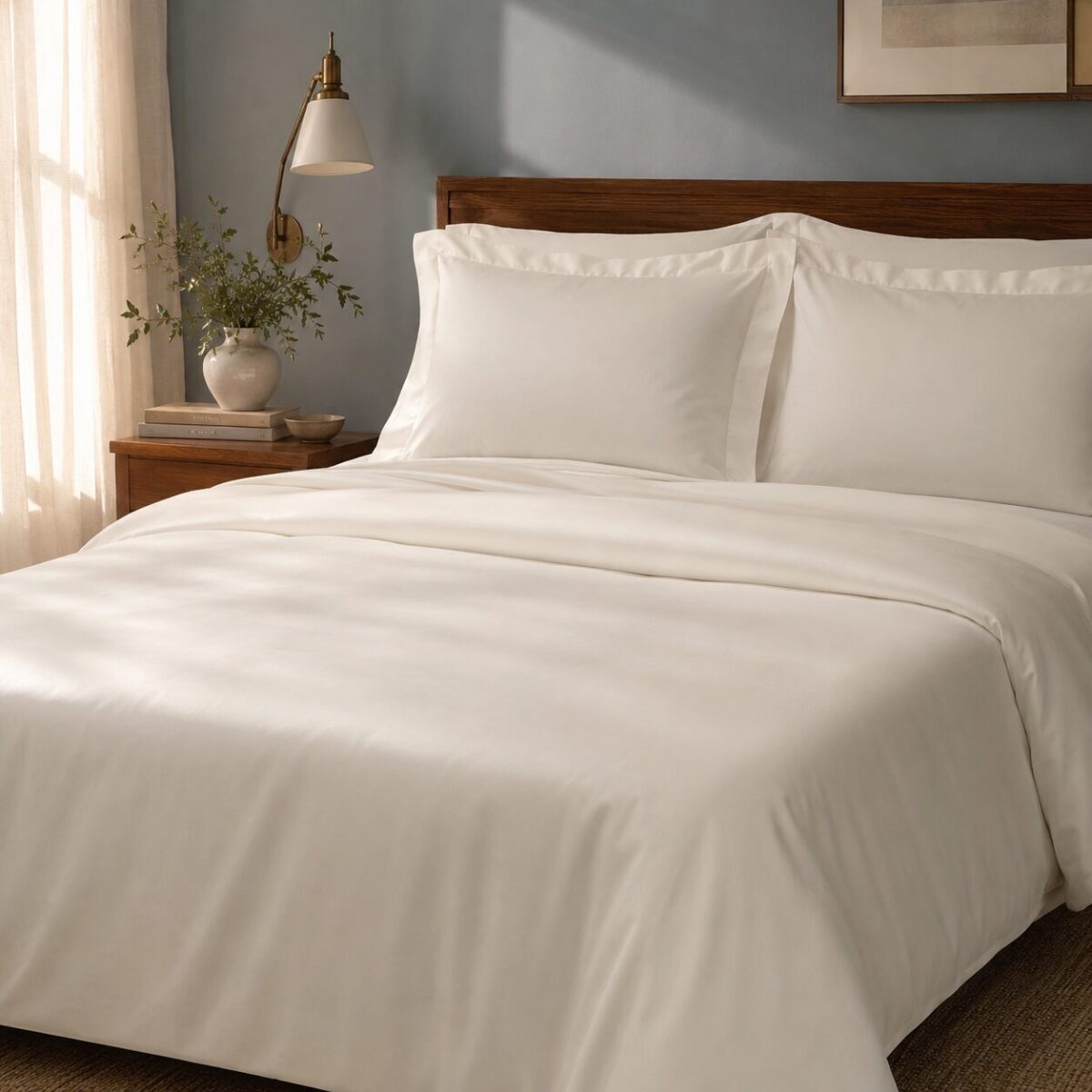 Ivory organic cotton sateen duvet cover and pillow shams on a made bed in soft morning light
