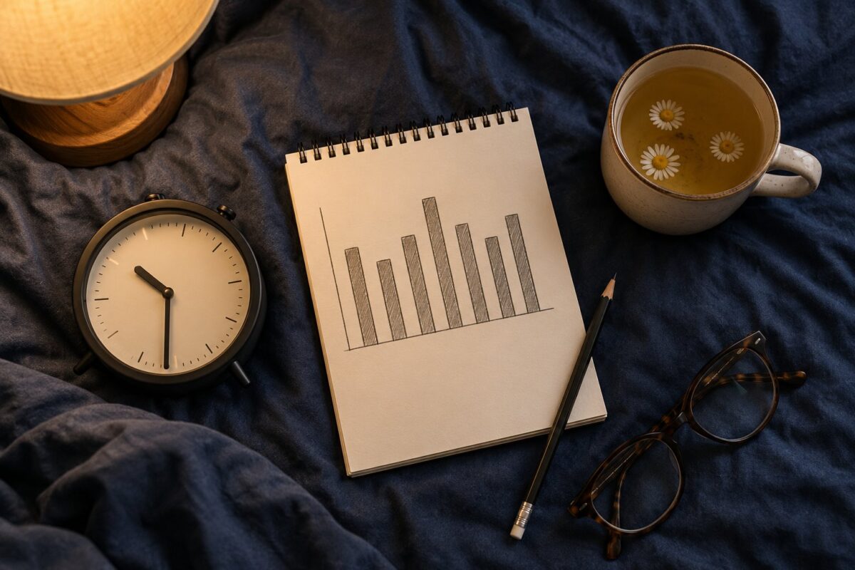 Bedside flat lay with alarm clock, notepad with hand drawn sleep chart and chamomile tea