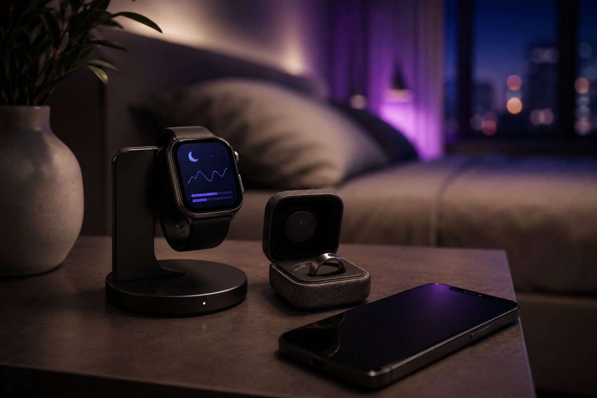 Smartwatch with sleep graph, smart ring in case and phone on a bedside table