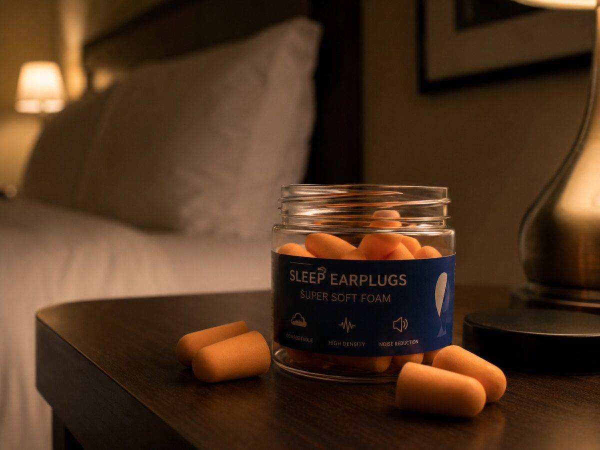 Soft foam sleep earplugs on a nightstand