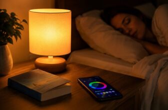 Tapo smart color bulb in a bedside lamp glowing warm amber next to a book and phone app