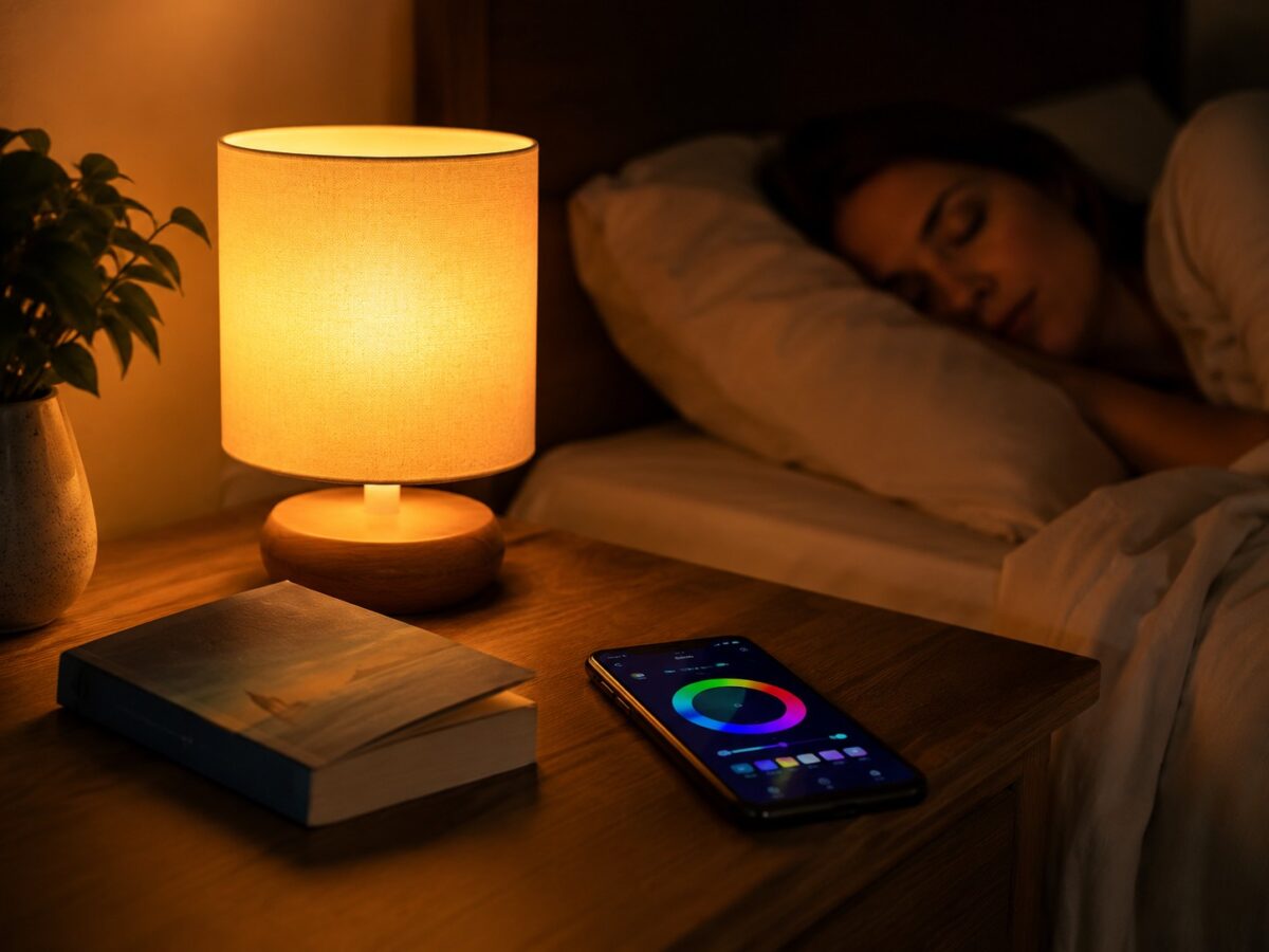 Tapo smart color bulb in a bedside lamp glowing warm amber next to a book and phone app