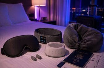 Sleep mask, headband headphones, travel white noise machine, earplugs and neck pillow on a hotel bed