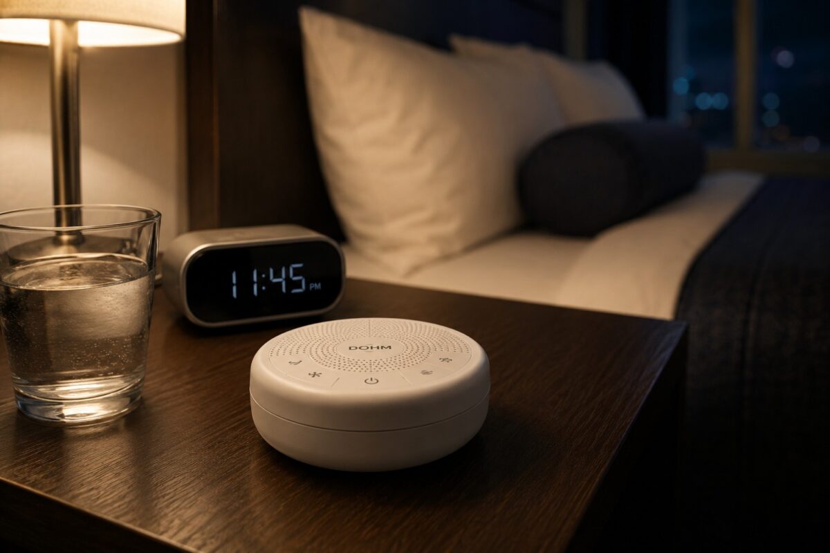 Compact travel white noise machine on a hotel nightstand
