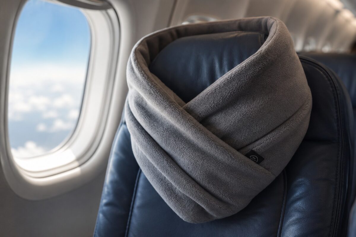 Wrap-style travel neck support pillow on an airplane seat