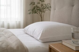 White pillow lying flat on a made bed with a nightstand, book and glass of water