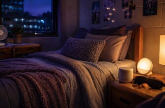 Dorm sleep corner at night with twin bed, sleep mask, earplugs, white noise machine and sunrise alarm clock