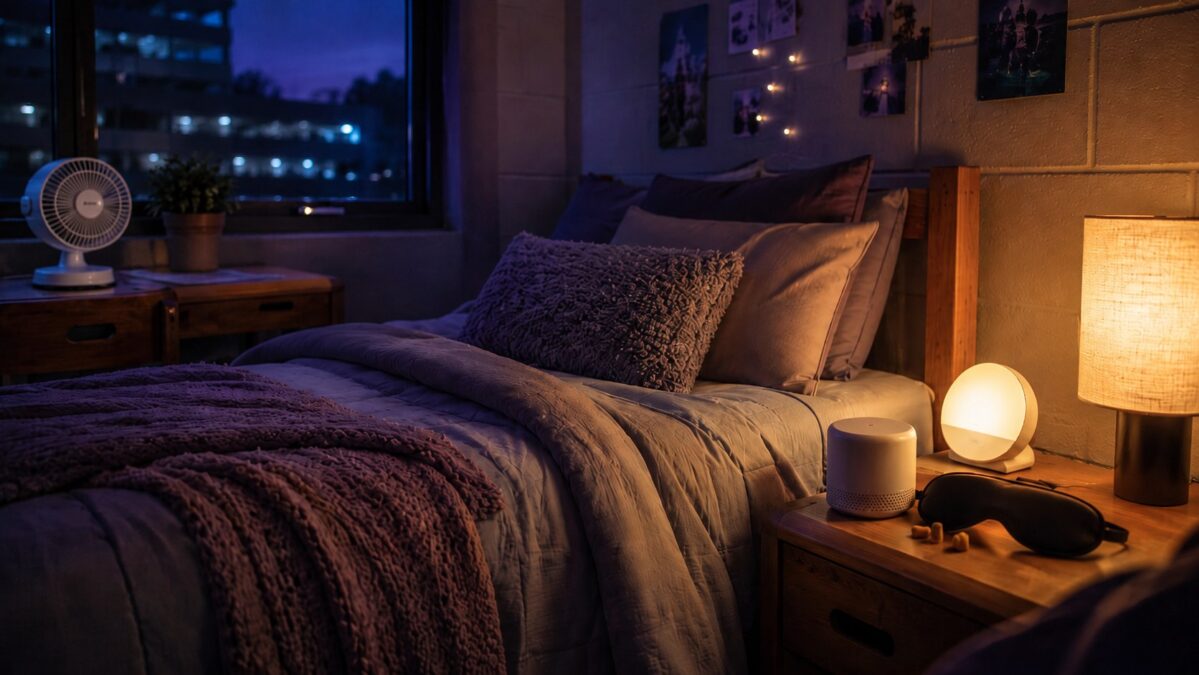 Dorm sleep corner at night with twin bed, sleep mask, earplugs, white noise machine and sunrise alarm clock
