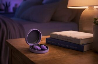 Purple silicone earplugs in an open case on a wooden nightstand next to books and a lamp