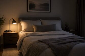 Cozy bedroom at night with one reading lamp on, sleep mask and earplugs on the nightstand