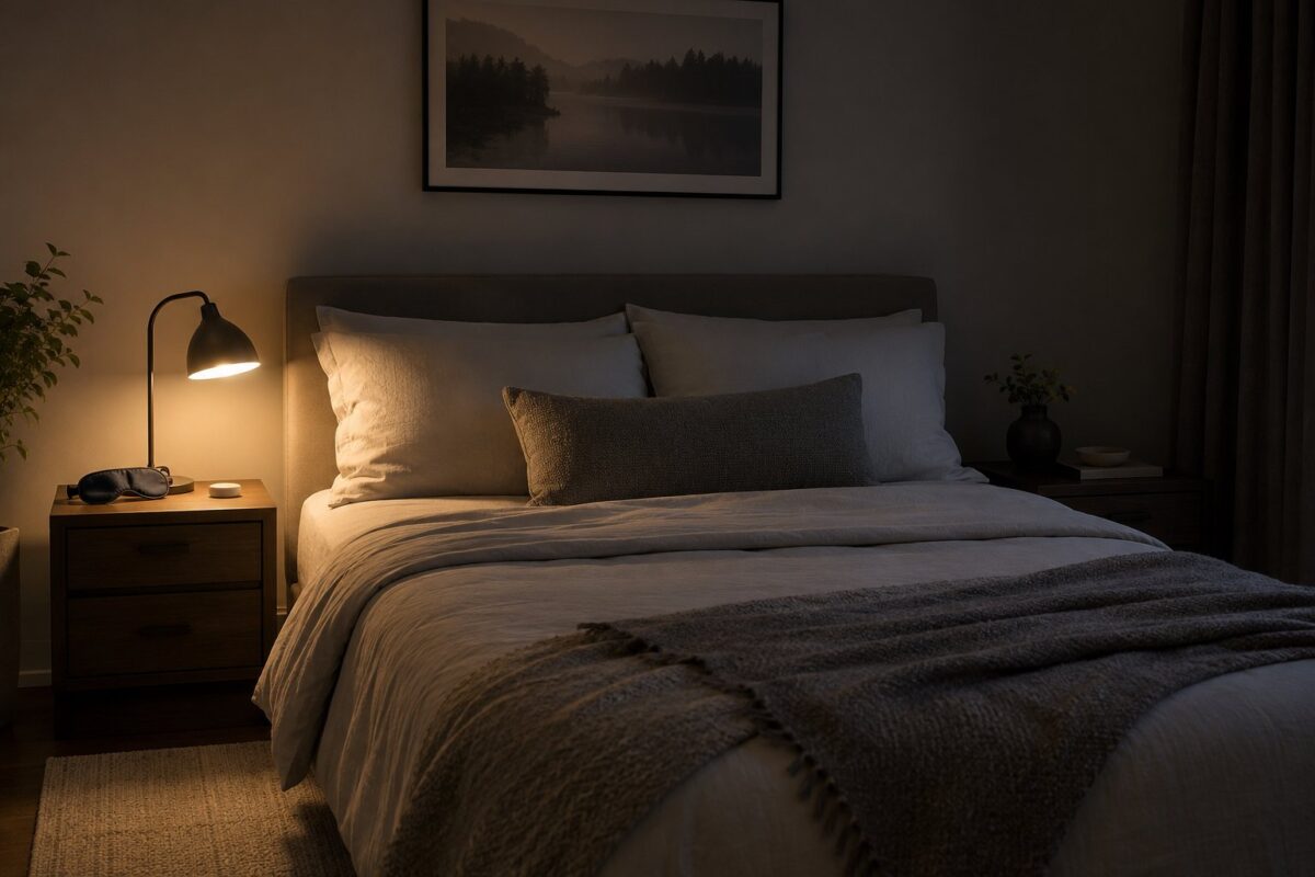 Cozy bedroom at night with one reading lamp on, sleep mask and earplugs on the nightstand