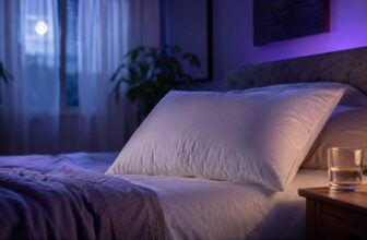 White pillow on a made bed in a bedroom with soft purple night lighting
