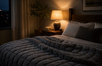 Chunky quilted weighted blanket draped over a made bed in a dim bedroom with a warm bedside lamp