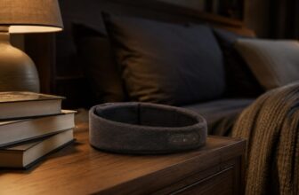 Gray fabric sleep headphones headband on a wooden nightstand next to books and a lamp