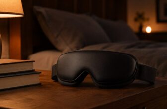 Therabody SmartGoggles 2nd Generation black heated eye massager on a wooden nightstand beside books and a bedside lamp