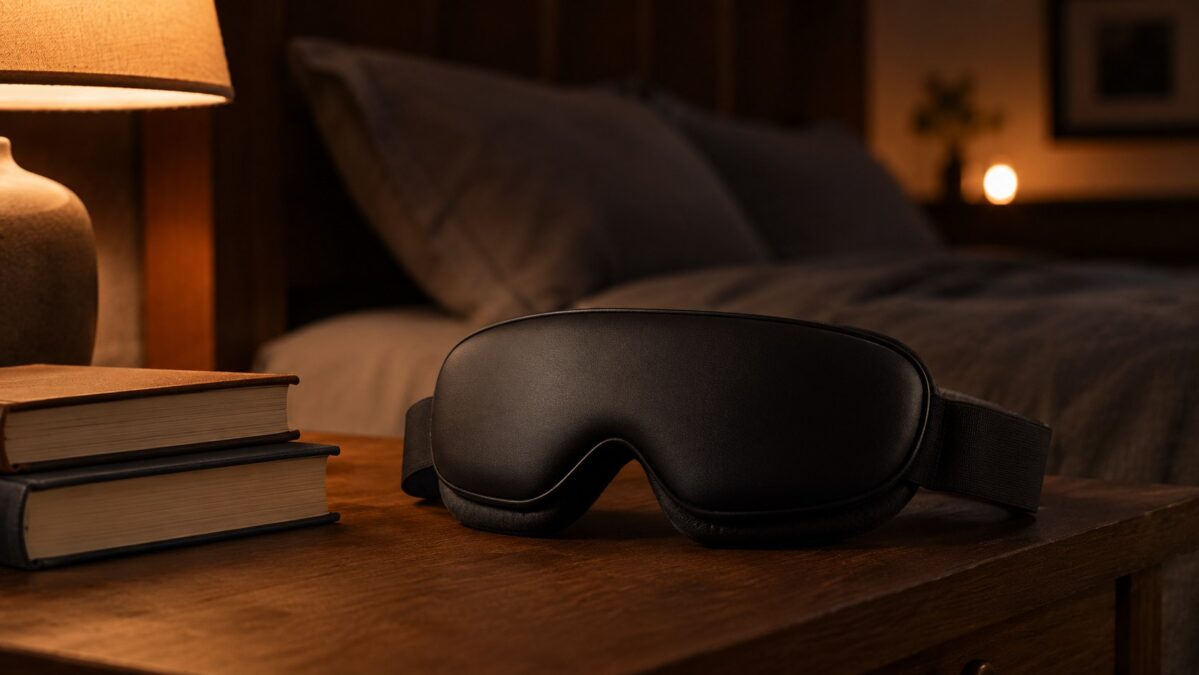 Therabody SmartGoggles 2nd Generation black heated eye massager on a wooden nightstand beside books and a bedside lamp