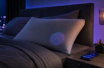 White memory foam smart pillow on a bed at night with soft purple lighting and a phone showing a sleep graph